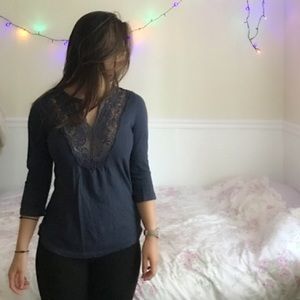Navy Lace Cleavage Quarter Sleeve Shirt