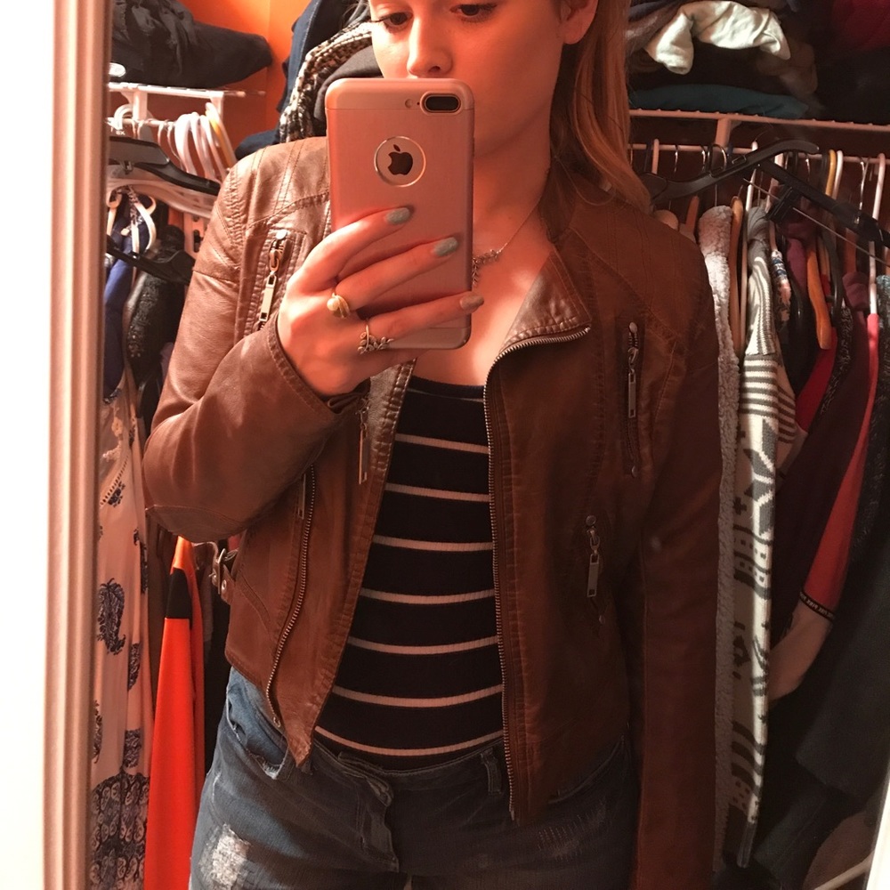 Trendy FAUX Brown Leather Jacket size small
