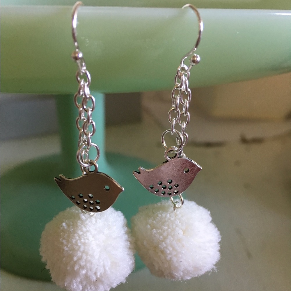 Pretty silver birdies and fluffy pompom earrings