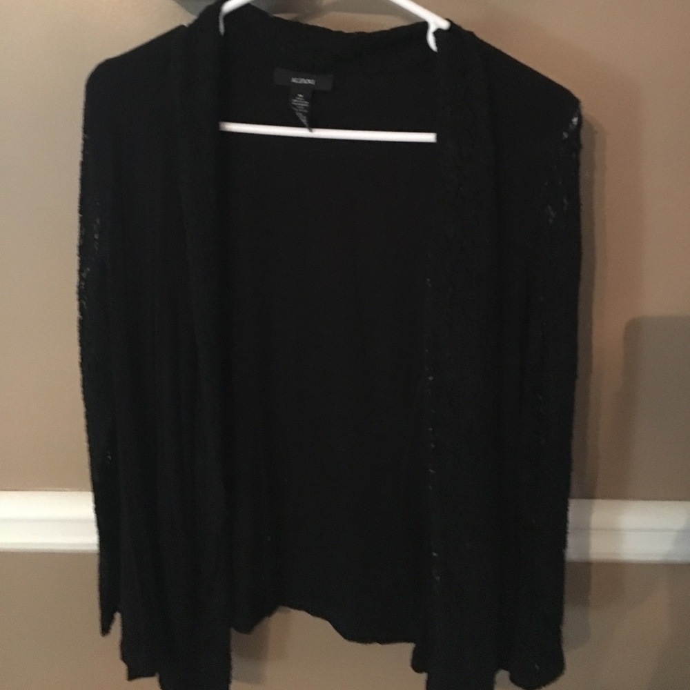 Black cardigan with lace sleeves and lace trim