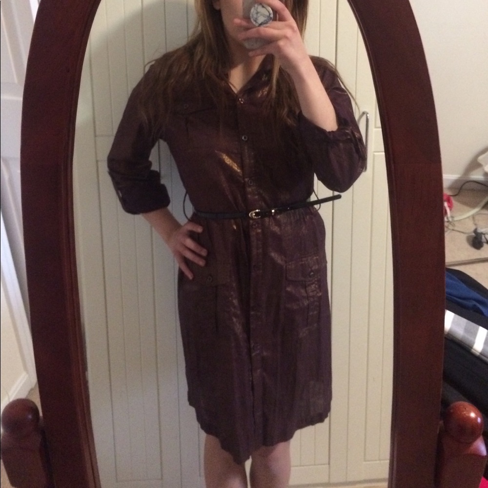 BCBG Purple/Gold Metallic shirt dress