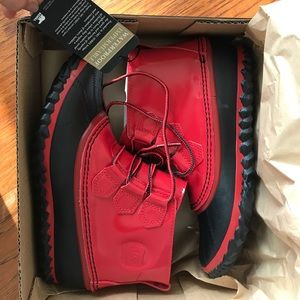 Sorel Out and About Rain Boot- red/black, sz 7 & 9