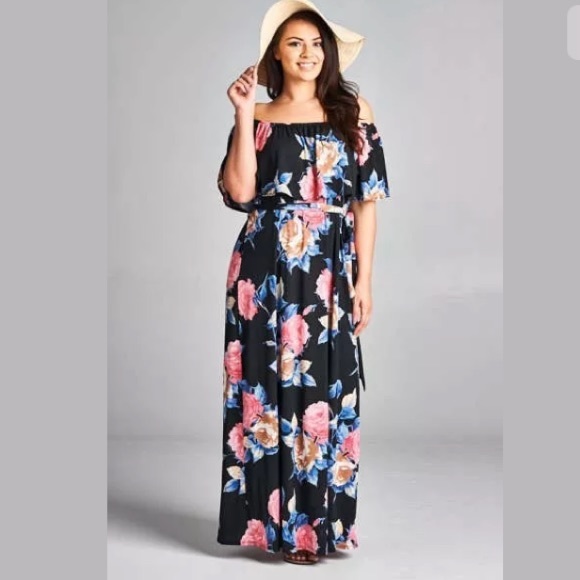 Plus Dress Maxi Floral Off Shoulder Ruffle Boho - Picture 2 of 4