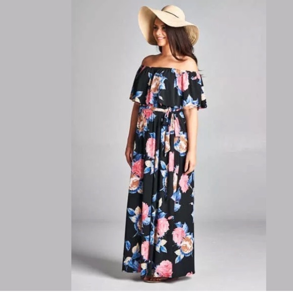 Plus Dress Maxi Floral Off Shoulder Ruffle Boho - Picture 3 of 4