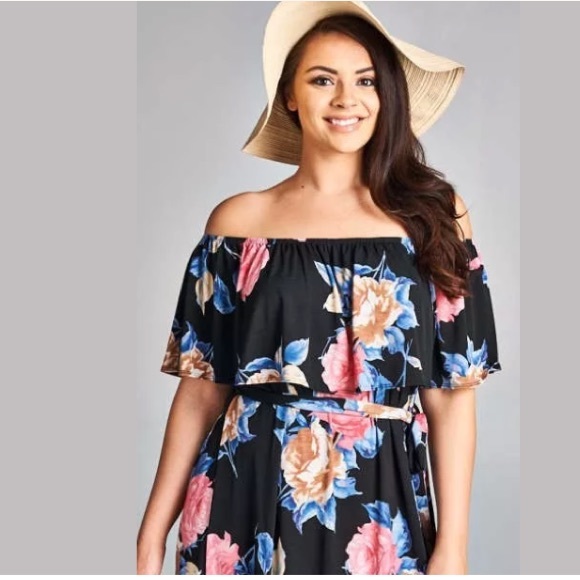 Plus Dress Maxi Floral Off Shoulder Ruffle Boho - Picture 4 of 4