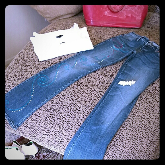 Custom sequined FUN LIGHT DISTRESSED JEANS SZ 27 - Picture 2 of 4