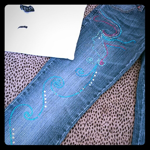 Custom sequined FUN LIGHT DISTRESSED JEANS SZ 27 - Picture 3 of 4