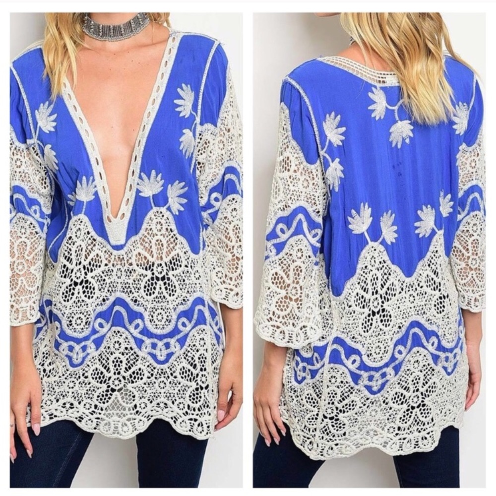 Blue with white lace Tunic Top