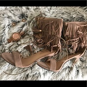 Fringe single sole heels. Nude strappy heels