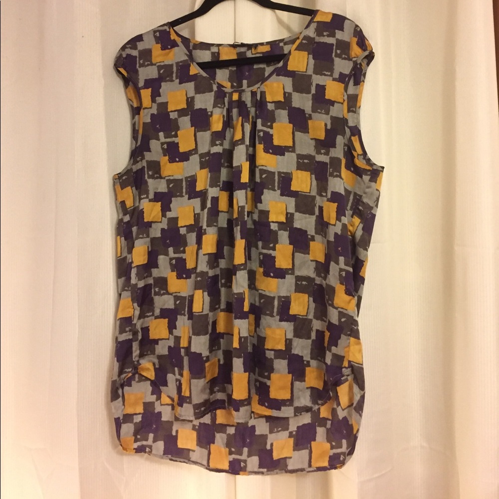 Gold, purple, and gray sleeveless top