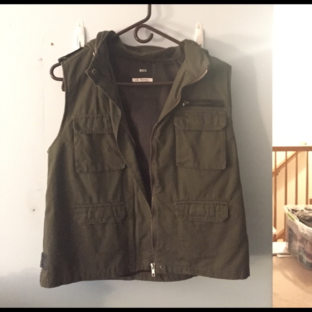 Army green vest with leather trim Urban Outfitters