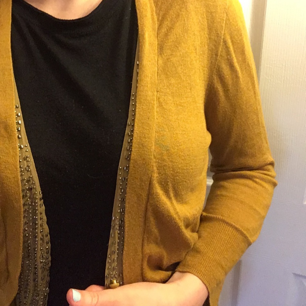 Jcrew mustard cardigan with beaded detail