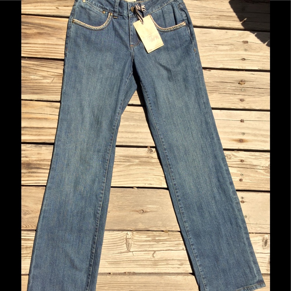 NWT “WORN” BRAND JEANS    Leather Trim