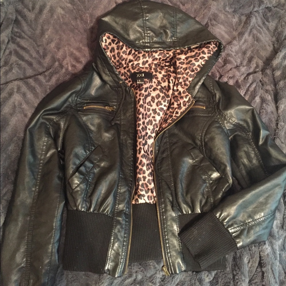 Leather Jacket w/ Cheetah Lined Hood