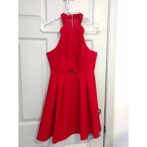 Red Scallop Cutout Pleated High Neck Skater Dress