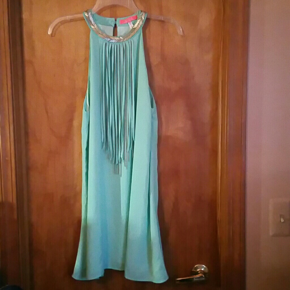 Turquoise Swing Dress with Fringe/Beaded Neckline