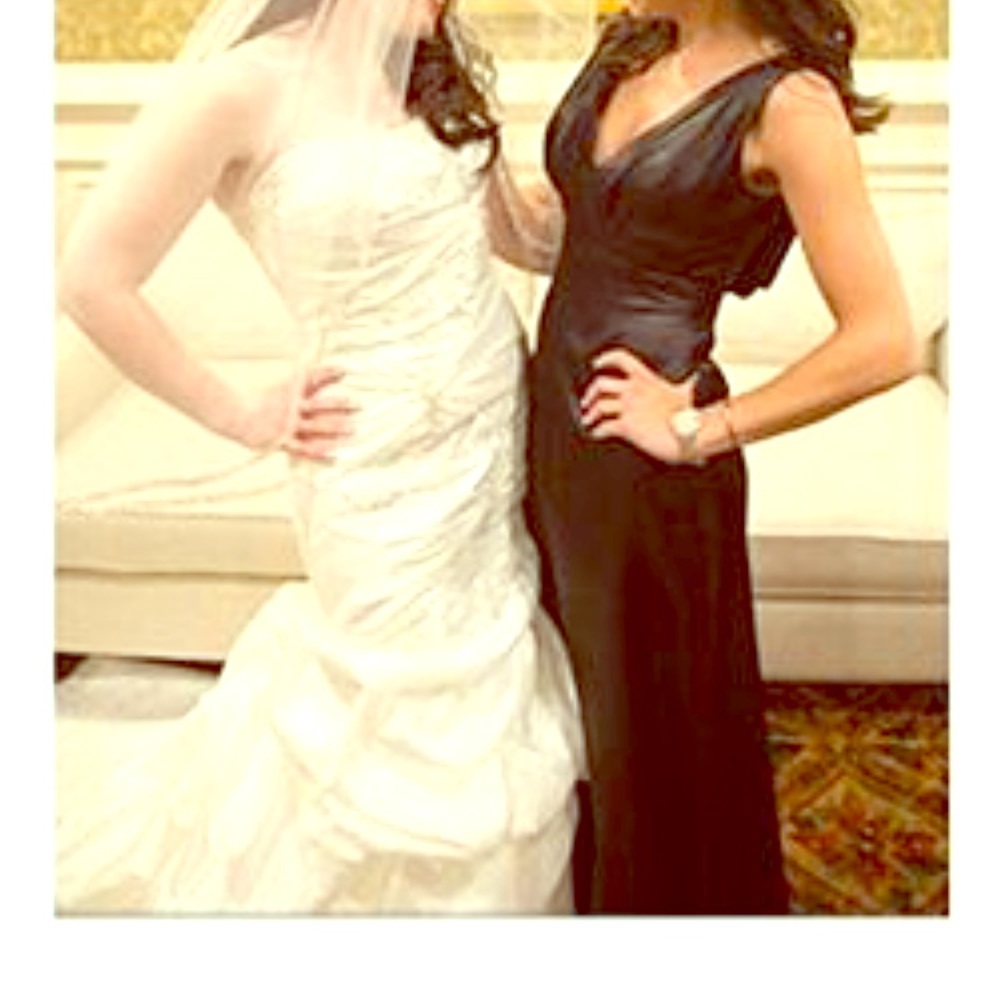 Belsoie black satin long bridesmaid dress