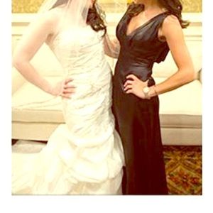 Belsoie black satin long bridesmaid dress