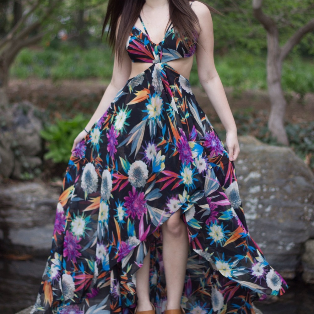 Black floral high low long maxi dress with cutout