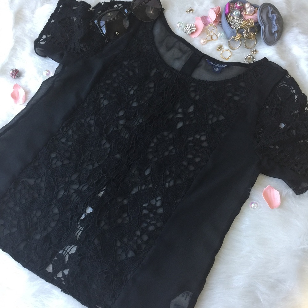 Sheer Black & Crochet American Eagle Top