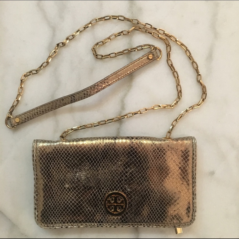 Tory Burch gold metallic bifold wallet on chain