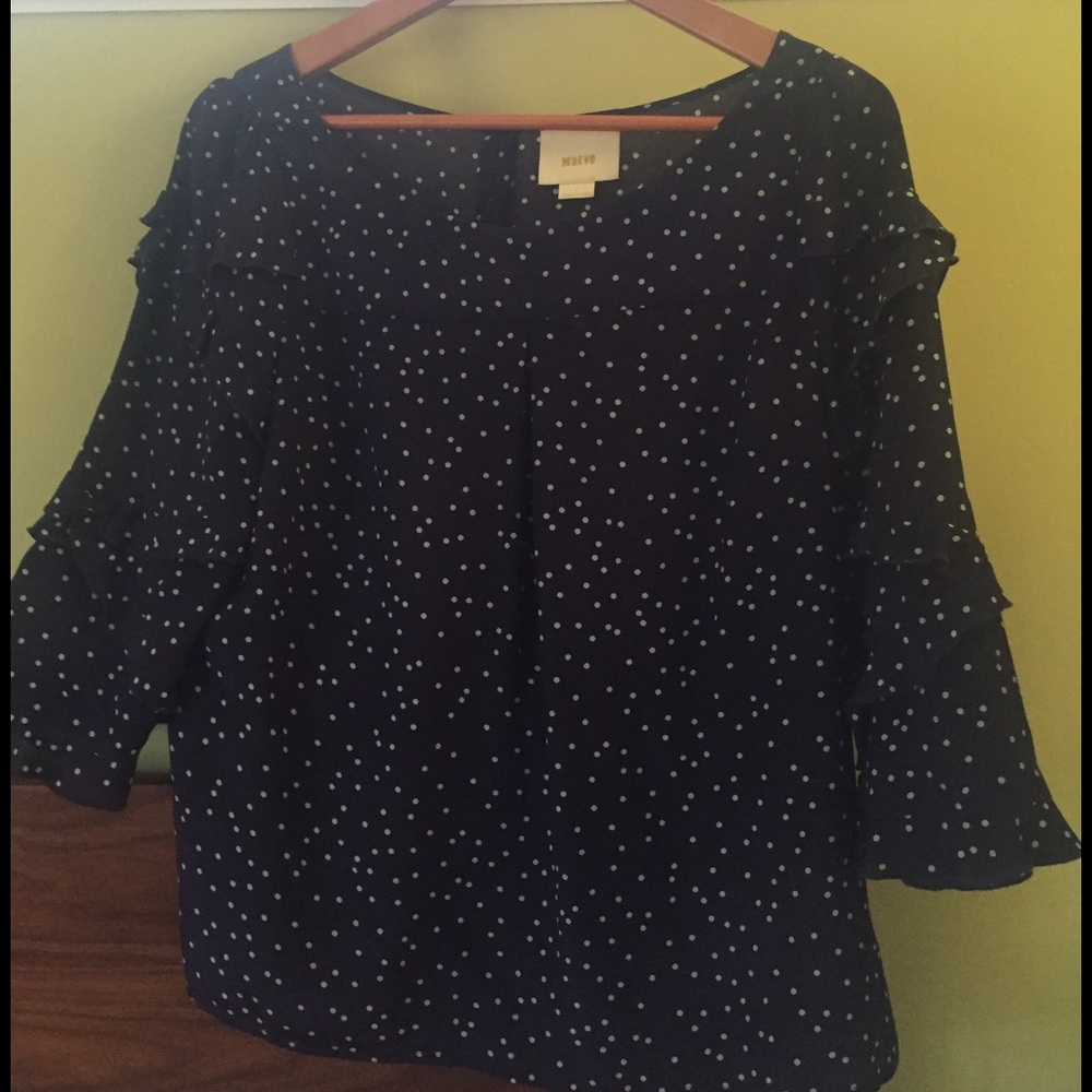 Maeve Anthropologie Navy Polka Dot Blouse size 4