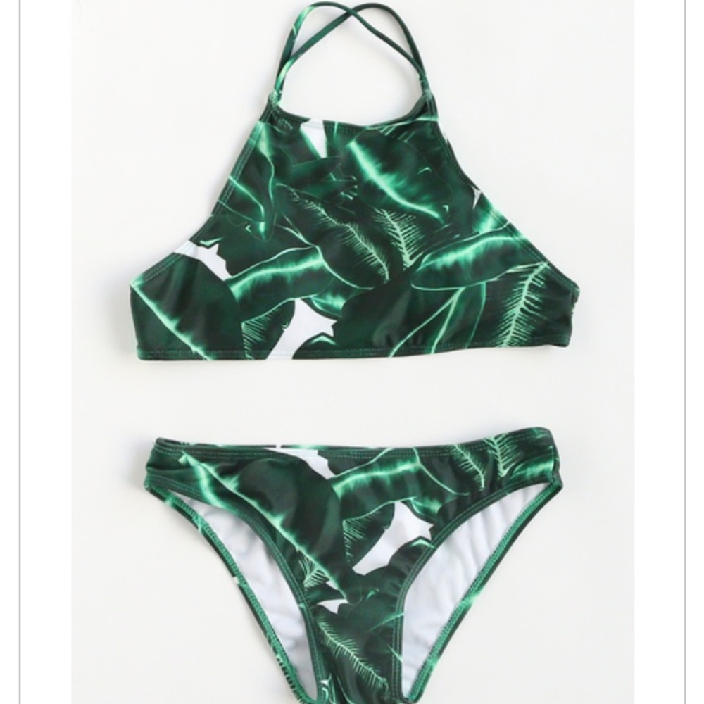Green Leaf Print Cross Back Bikini Set