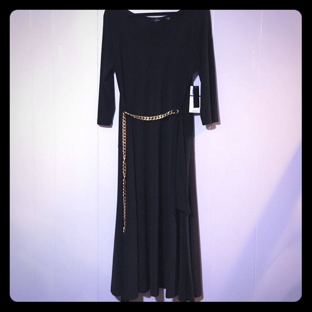 Midi Black Dress with Gold Chain Belt