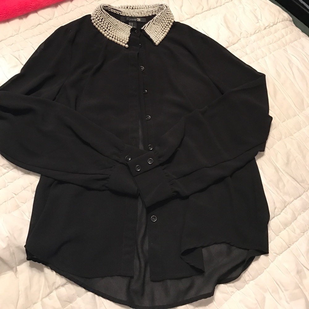 Black Sheer Blouse with Pearl Collar