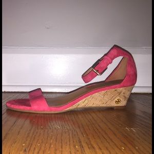 Tory Burch pink suede ankle-strap wedge sandals