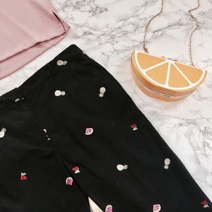 Quirky Black Capris with Embroidered Fruit Detail