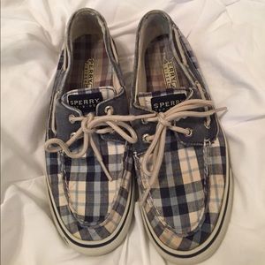 Plaid Sperry boater shoes.