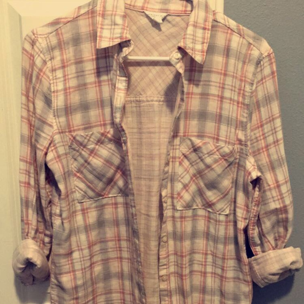 Aeropostale salmon pink and light gray plaid shirt