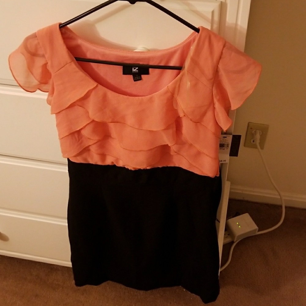 Coral and black mini dress tight fitted.
