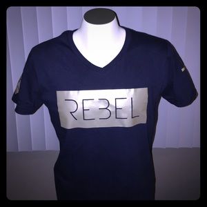Blue Gildan V neck T shirt. All Gold Brick Rebel.
