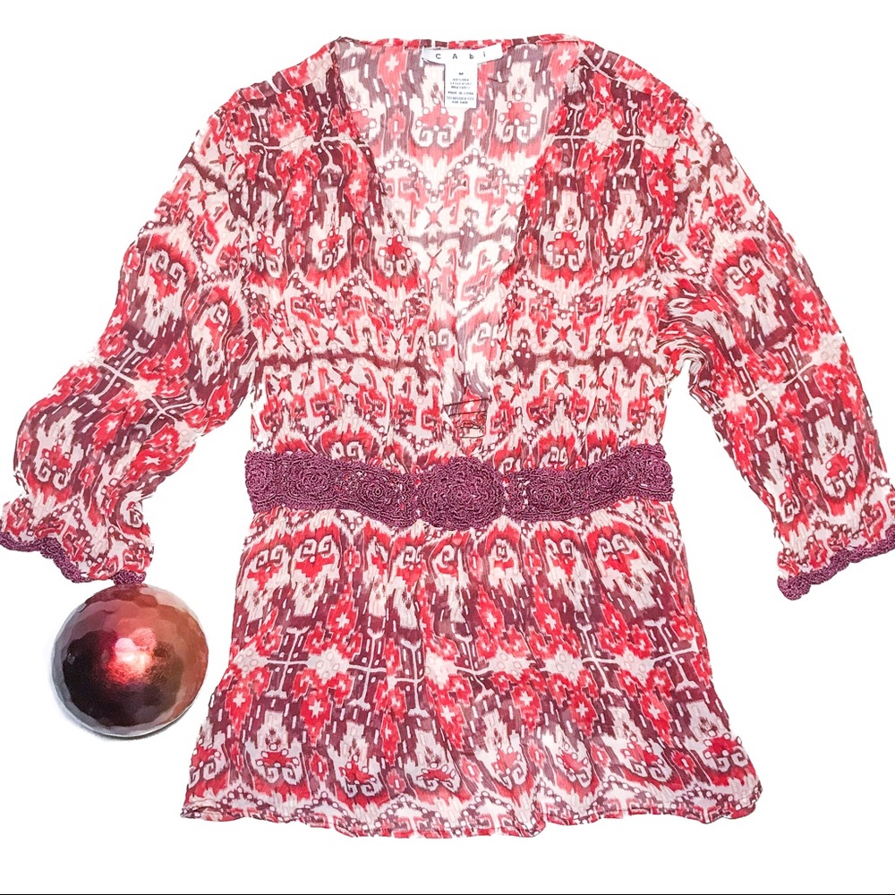 Cabi Red Blouse Sheer Women's Floral Size M