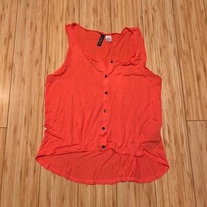 Orange High Low Buttoned Sleeveless Top