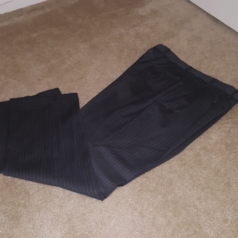 Grey slacks with tan and blue pinstripe