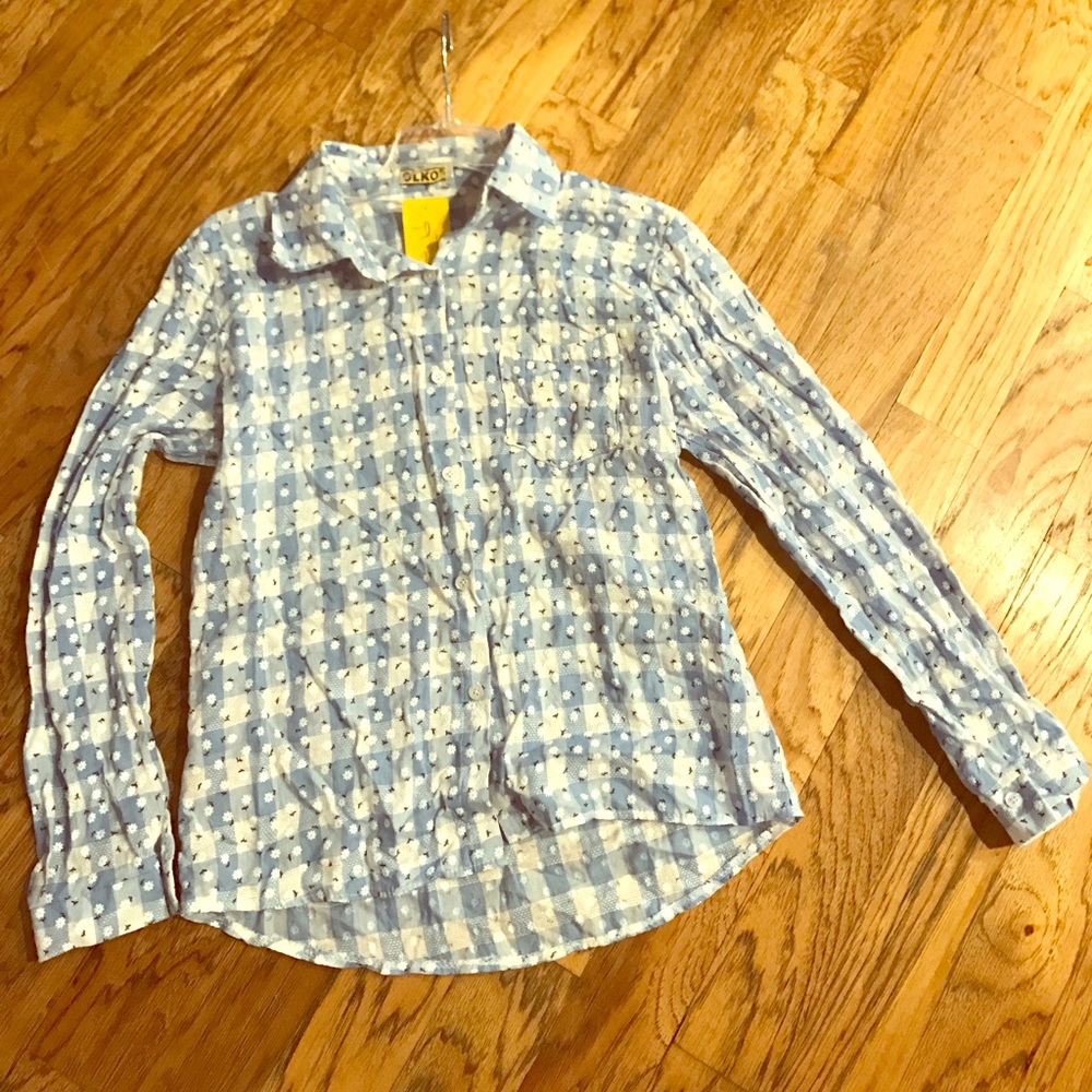 Checkered button down blue and white shirt