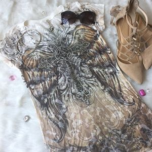 Rhinestone Embellished Cross & Graphic T-Shirt