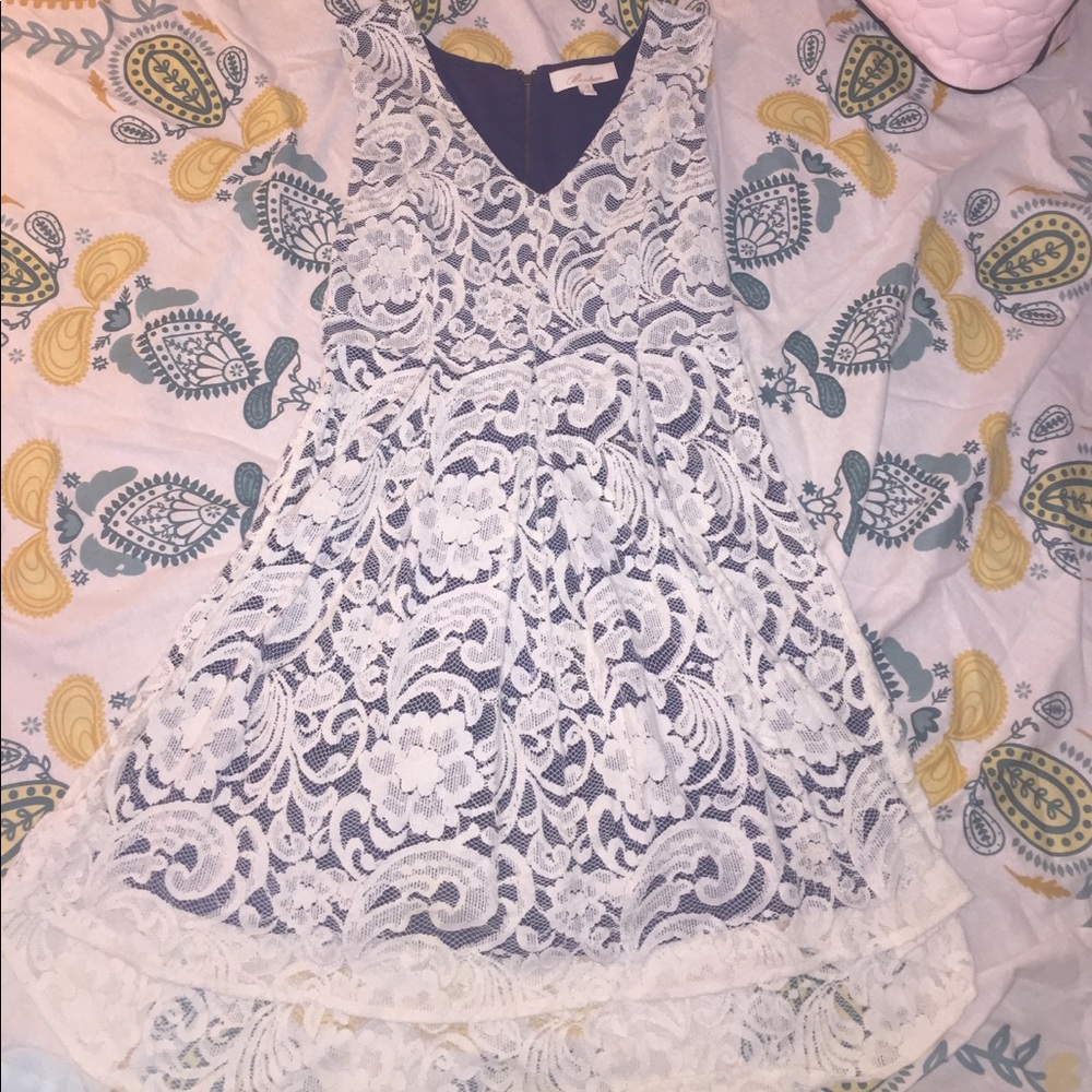 White Lace and Navy Dress