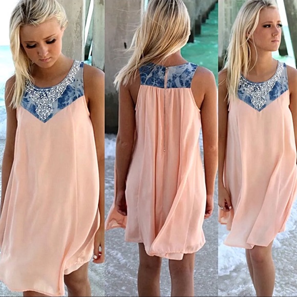 Lightweight Pink & Faux Jean w Rhinestones Dress - Picture 4 of 6