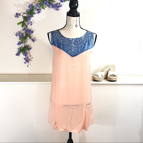 Lightweight Pink & Faux Jean w Rhinestones Dress - Picture 2 of 6