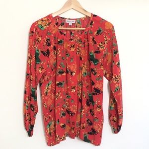 Anthropologie Red Floral Print Silk Blouse