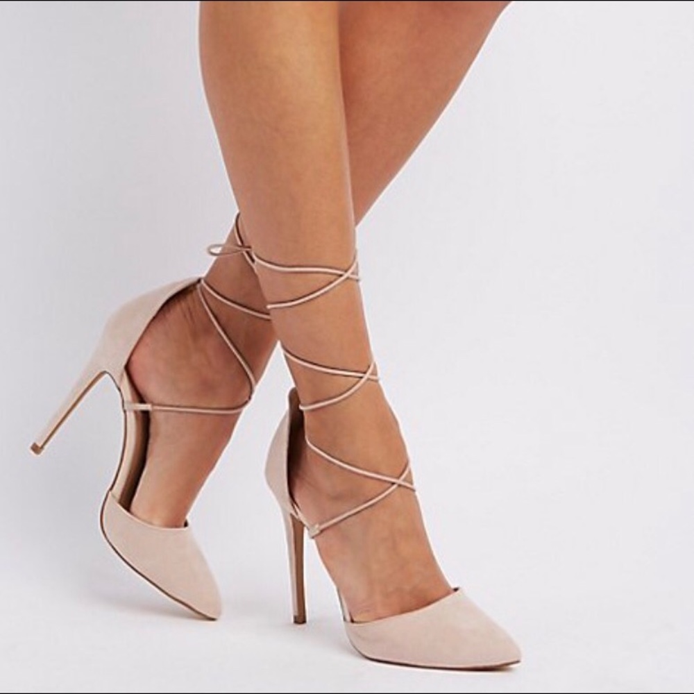 Nude faux suede lace up heels