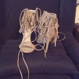 Taupe fringe ankle tie heel