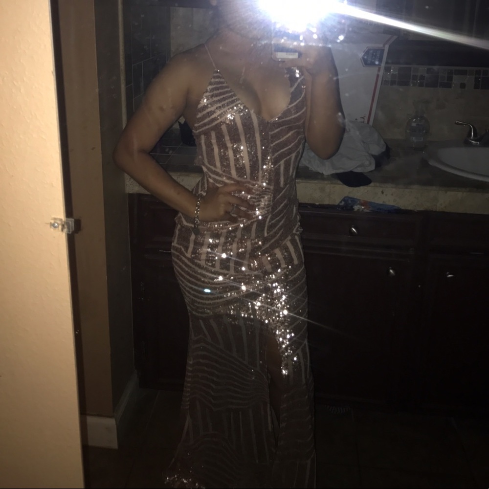 ROSE GOLD SEQUIN PROM DRESS SLIT LEG