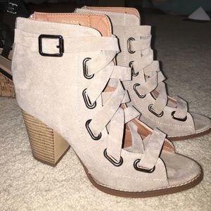 strappy grey suede heels