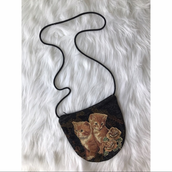 Vintage Handbags - Vintage Tapestry Cat Kitten Crossbody Purse Bag