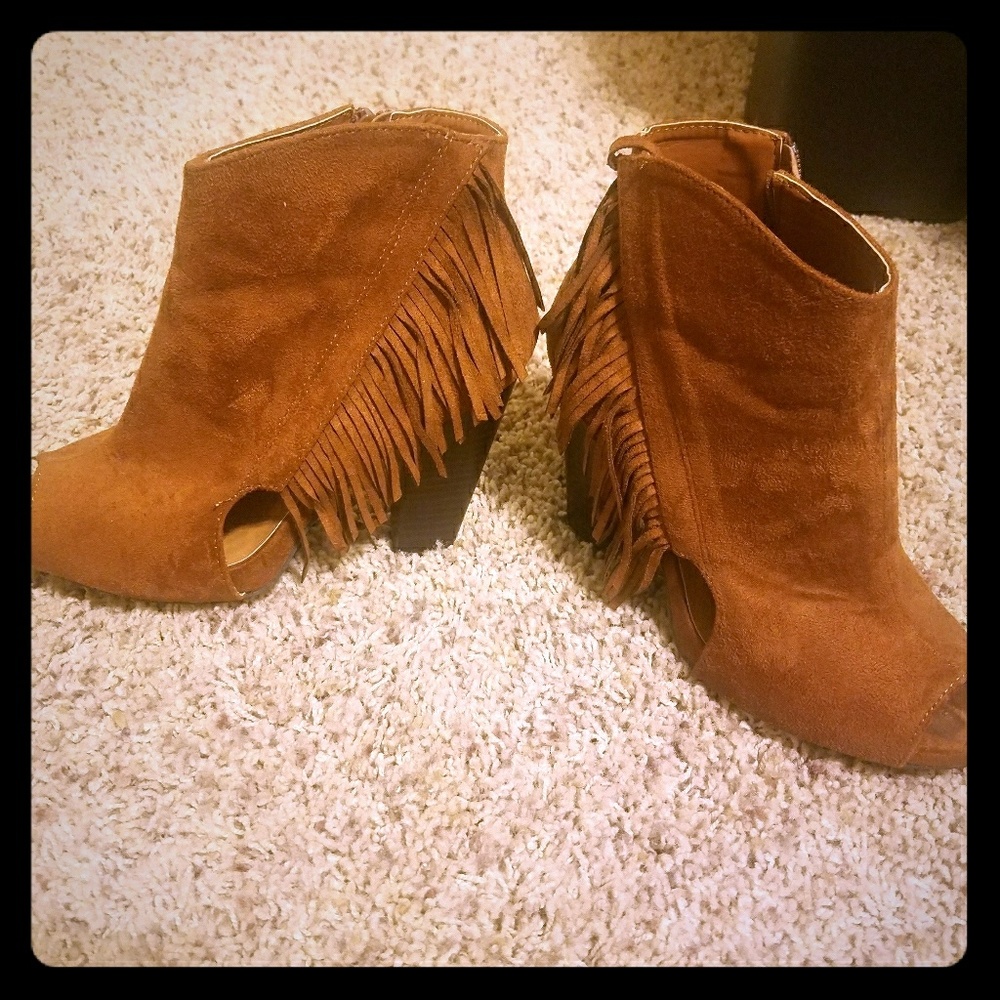 peep toe fringe booties